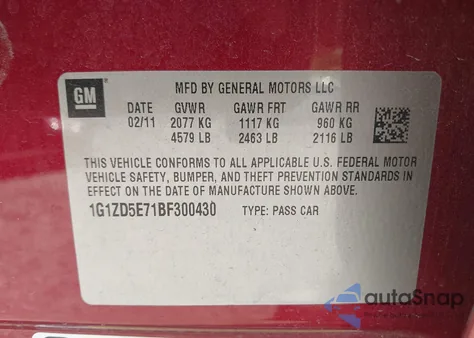 2011 Chevrolet Malibu 2Lt from USA, damaged, VIN 1G1ZD5E71BF300430